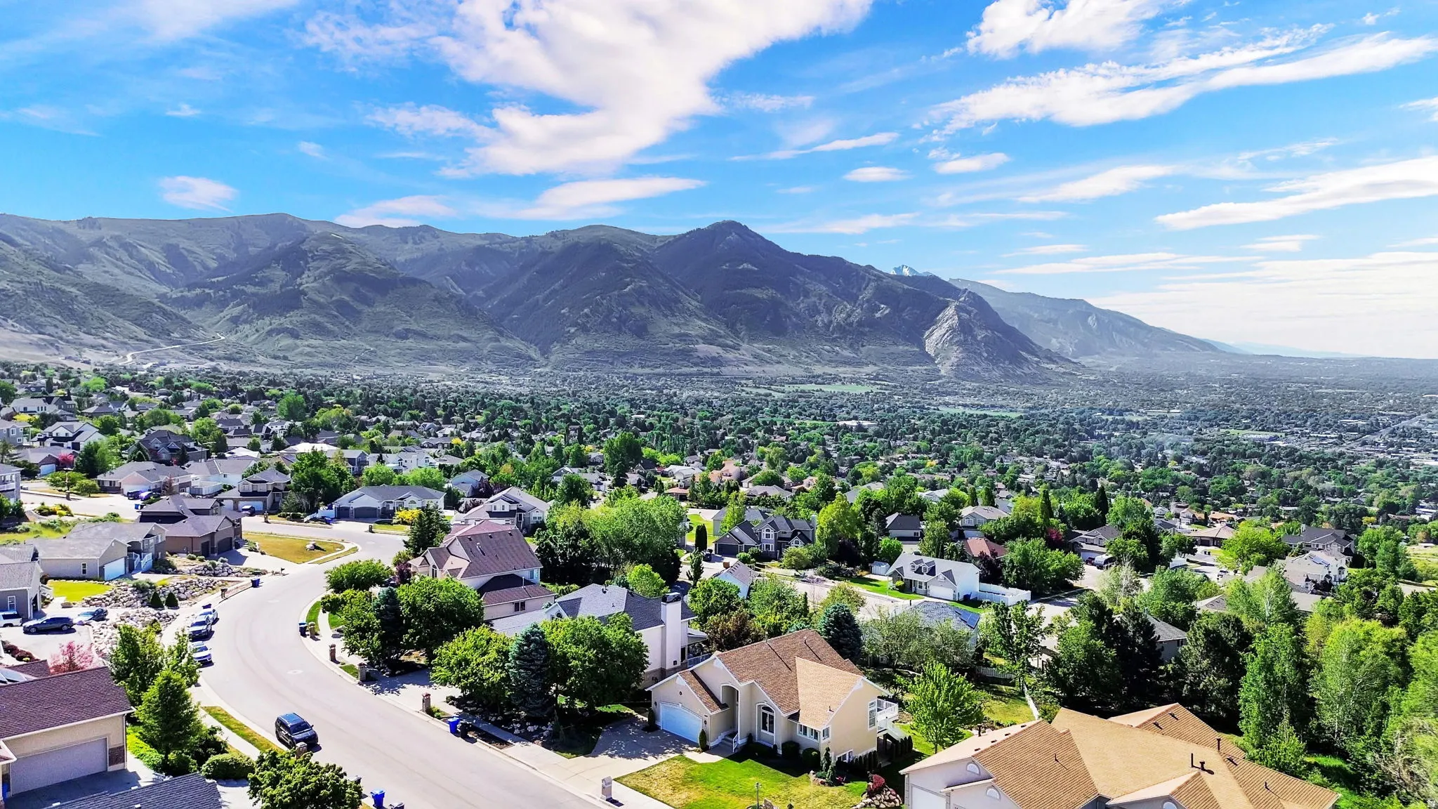 Expansive residential area featuring numerous single-family homes with diverse architectural styles, mature landscaping, and winding streets