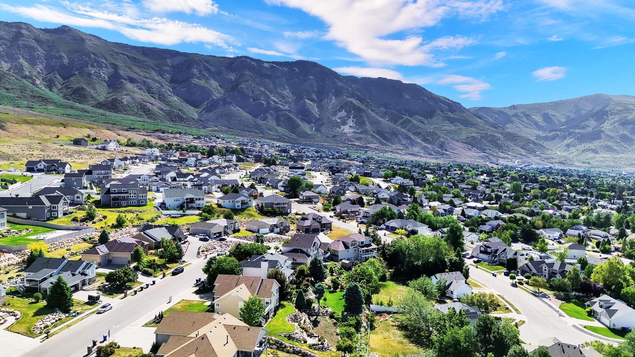 Expansive residential area featuring a mountainous backdrop, mature trees, and a network of paved roads