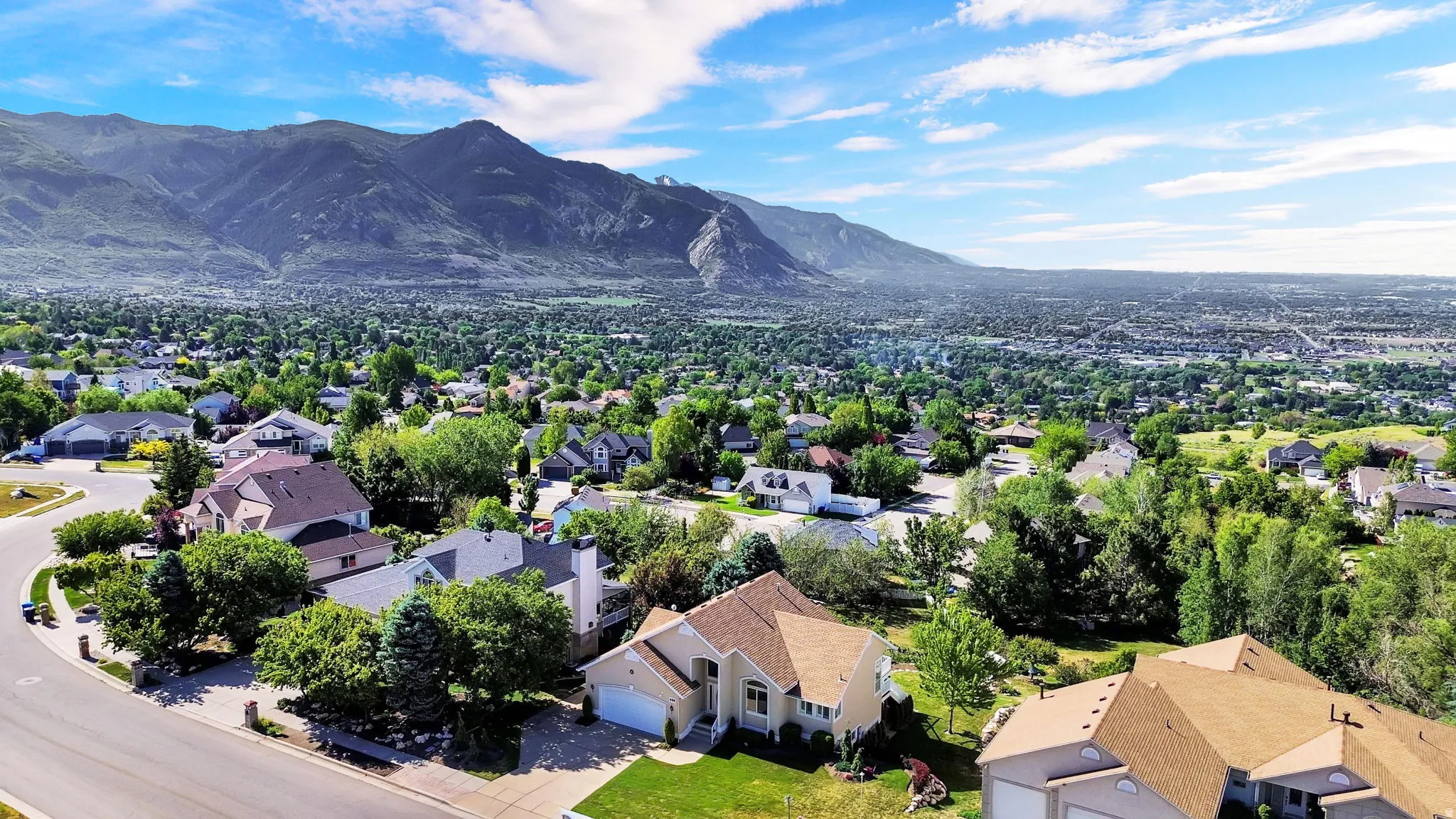 Expansive neighborhood featuring varied residential architecture, mature tree canopies, and distant mountain ranges