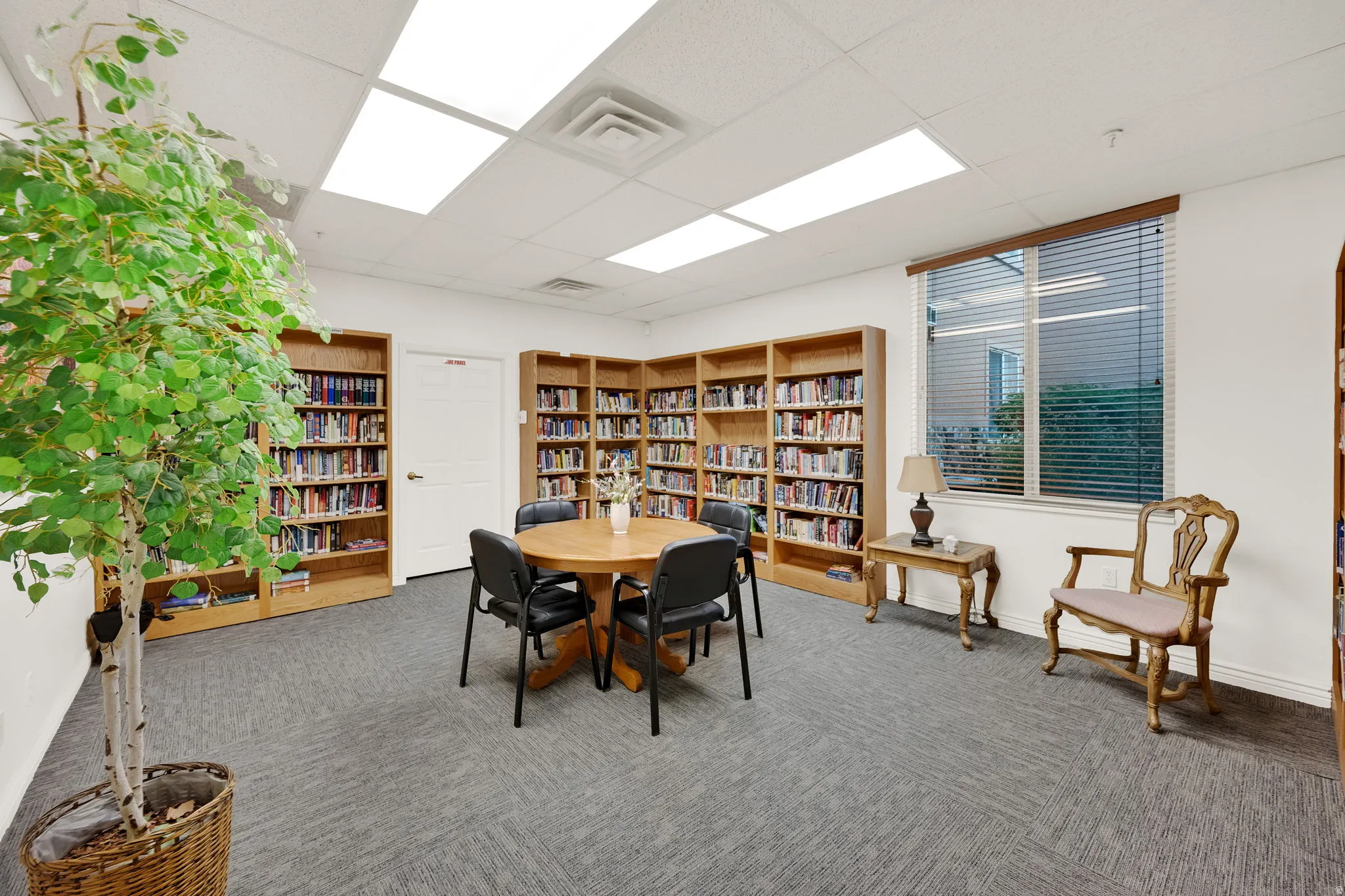 Space featuring extensive built-in wood shelving, grey patterned carpeting, large window with blinds, and white walls