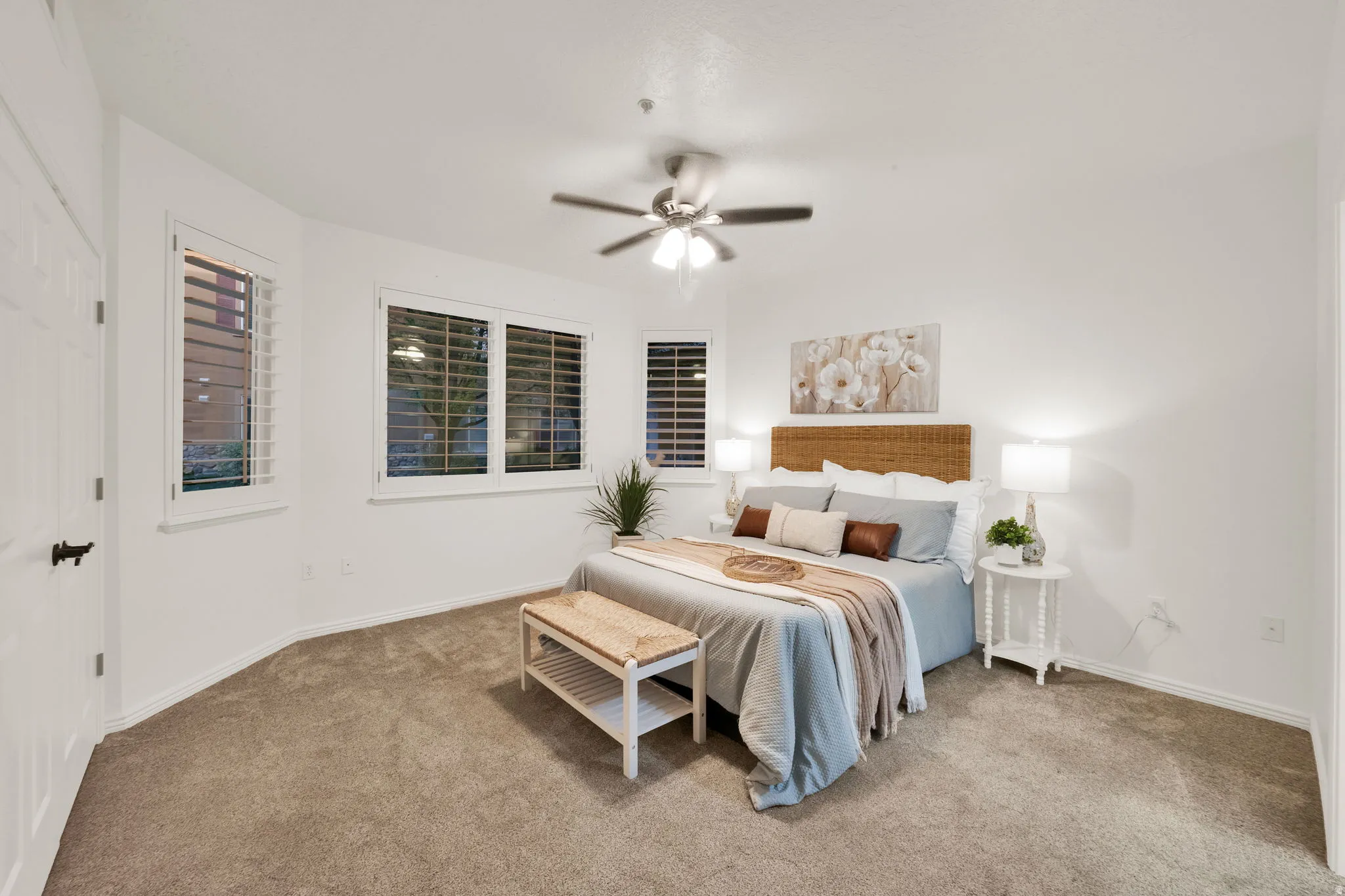 Neutral-toned carpeting paired with white walls
