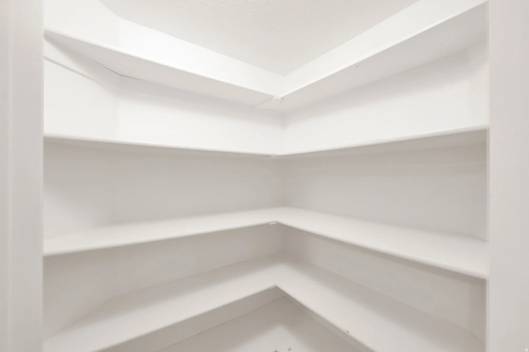 White-painted pantry with built-in shelving providing extensive storage