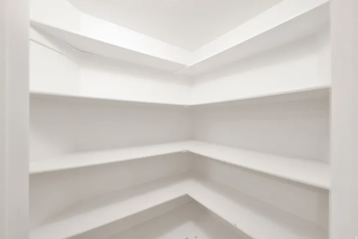 White-painted pantry with built-in shelving providing extensive storage