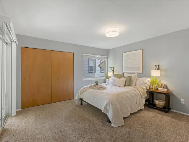 Carpeted room featuring a window with horizontal blinds, built-in dual-door closet, and a ceiling-mounted light fixture