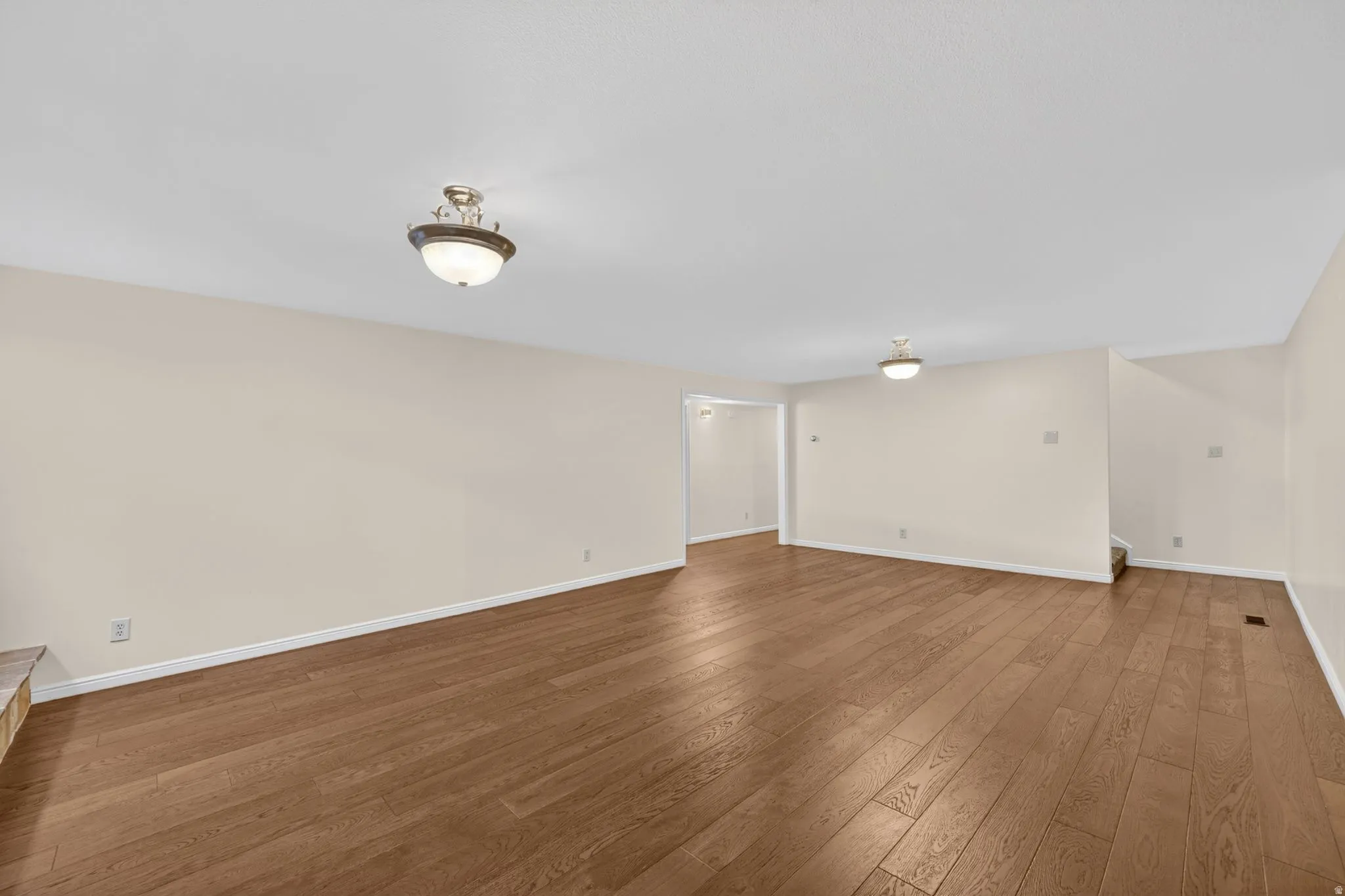 Spacious room featuring wood-finish flooring, neutral-toned walls, and multiple ceiling-mounted light fixtures