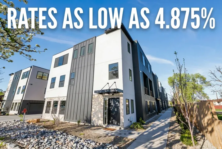 Property Advertisement. Displaying a row of multi-level residential structures with an advertised interest rate