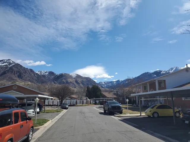 Community setting with mountain backdrop