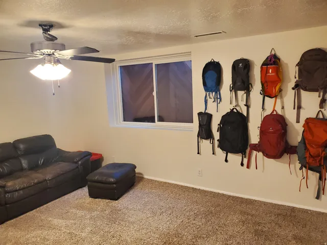 Recessed window with white trim, tan wall paint, and textured carpeting