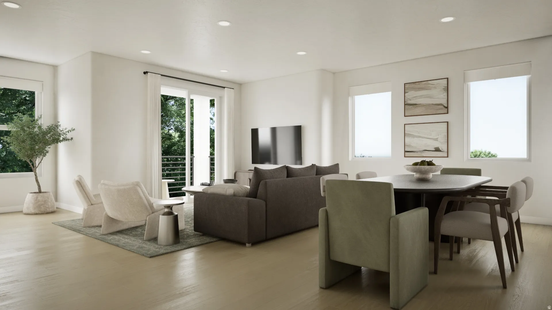 Open-concept living space featuring wood-finish flooring, recessed lighting, and white walls