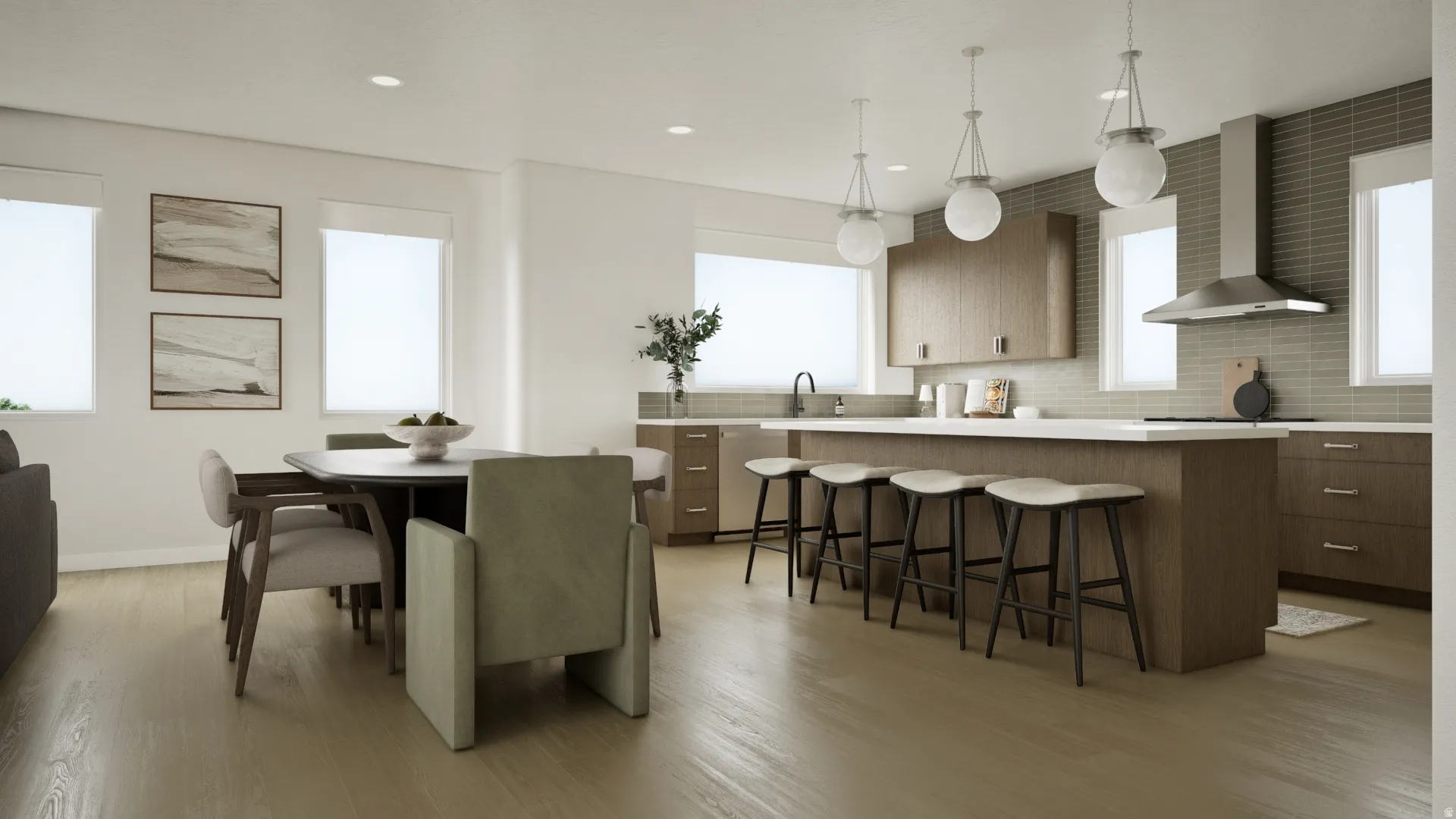 Open-concept living area featuring wood-finish flooring, recessed lighting, and multiple windows