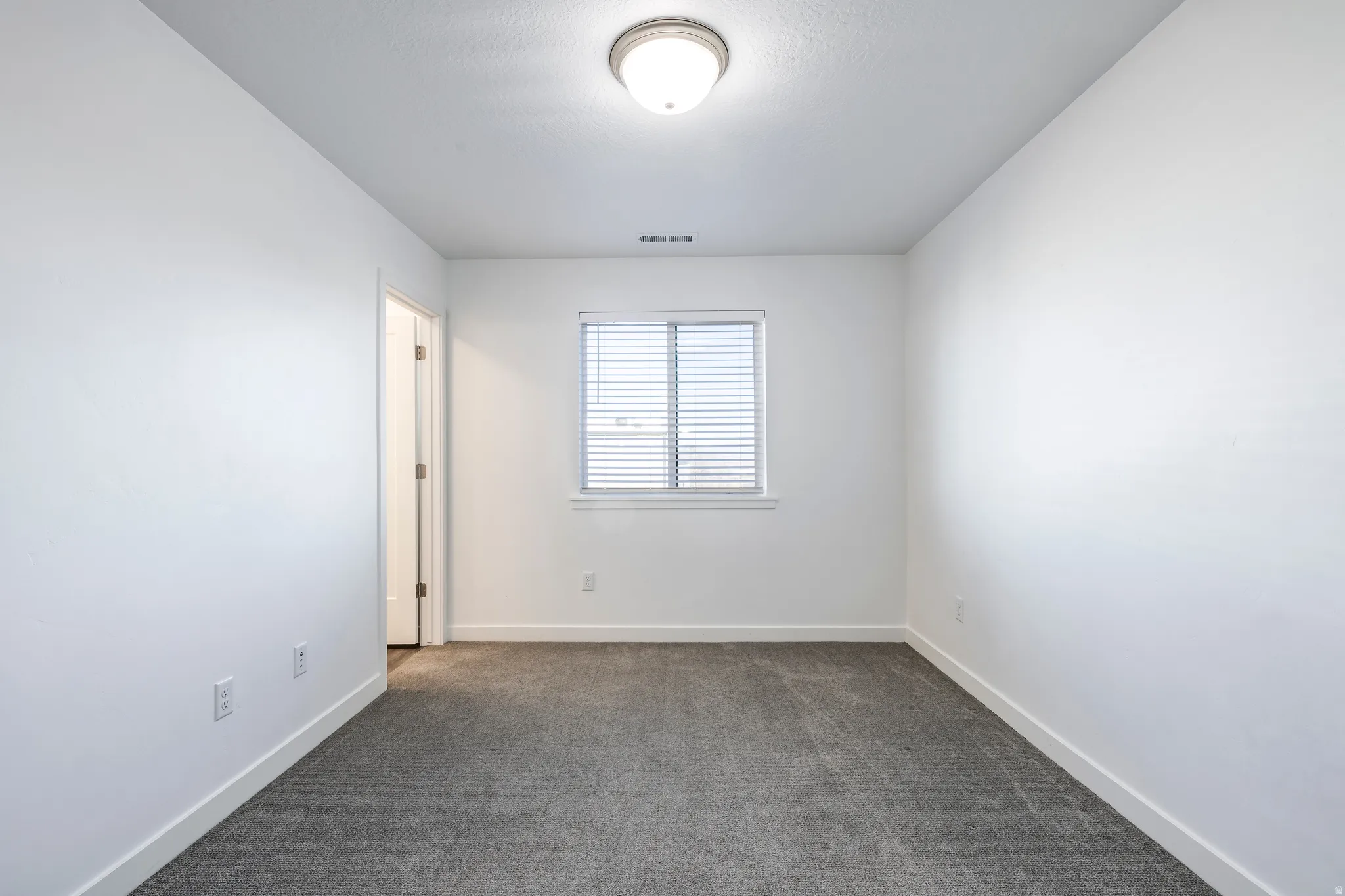 Neutral interior room featuring a window with blinds, a flush-mount ceiling light fixture, white trim, and gray carpeting