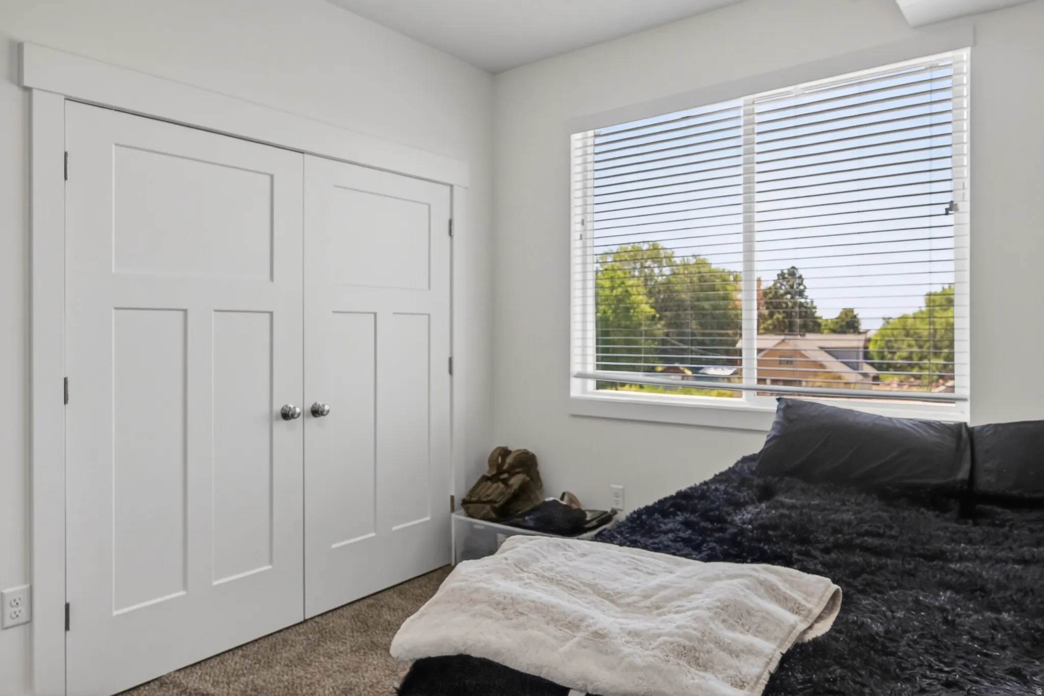 Bright white walls and trim complement the light-colored carpeting