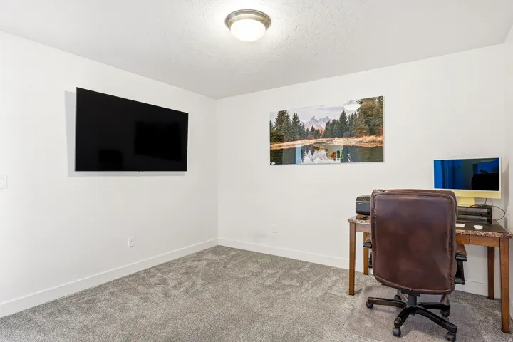 Carpeted room featuring white walls, a mounted television, a flush mount ceiling light, and white baseboards