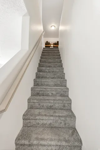 Carpeted staircase featuring a light gray handrail