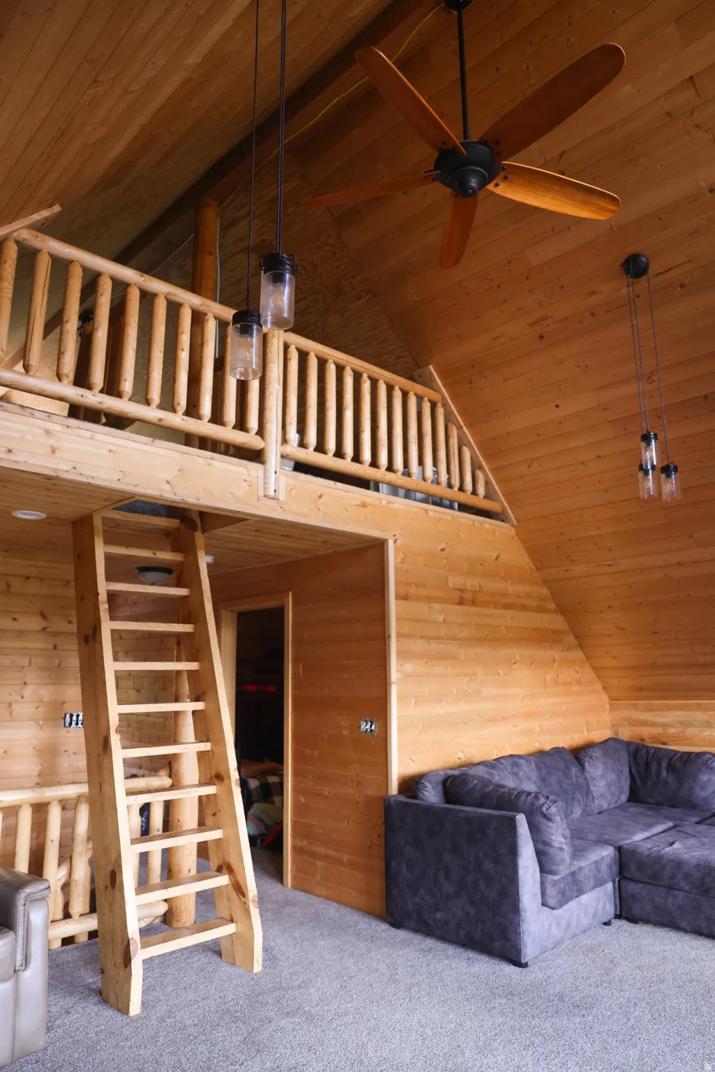 Vaulted wood-paneled ceilings with exposed beams