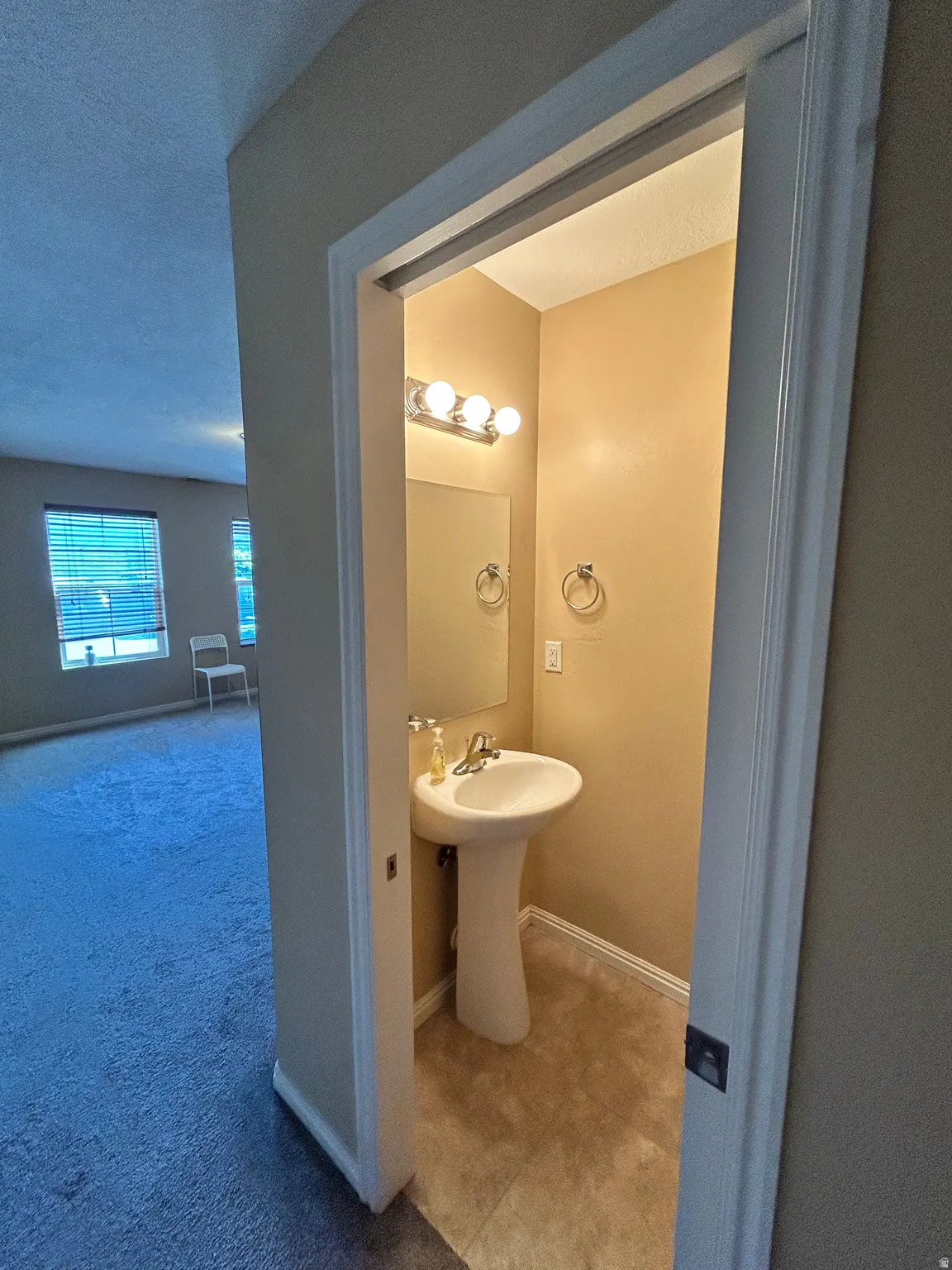 Main level bathroom featuring a pedestal sink, wall-mounted mirror, and vanity light fixture