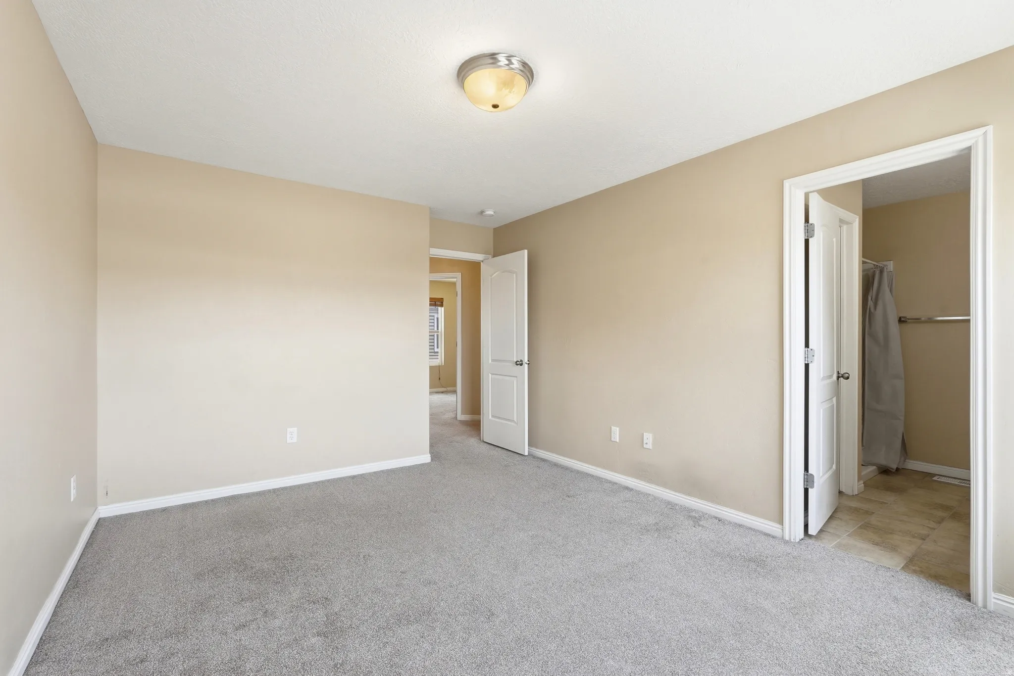 Spacious master bedroom featuring neutral paint, gray carpeting, a flush mount ceiling light, and white trim