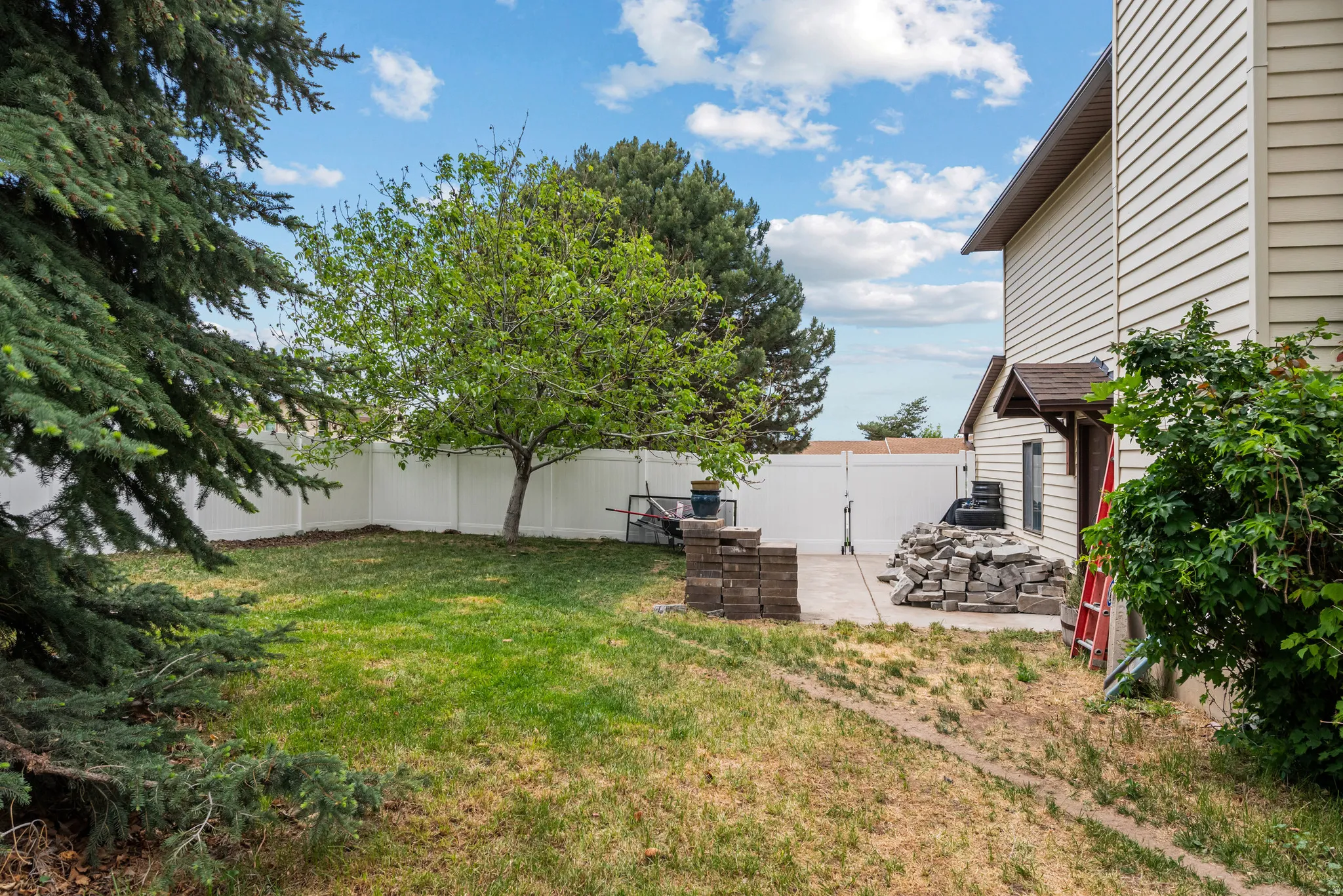 Expansive backyard featuring mature trees and a white vinyl privacy fence