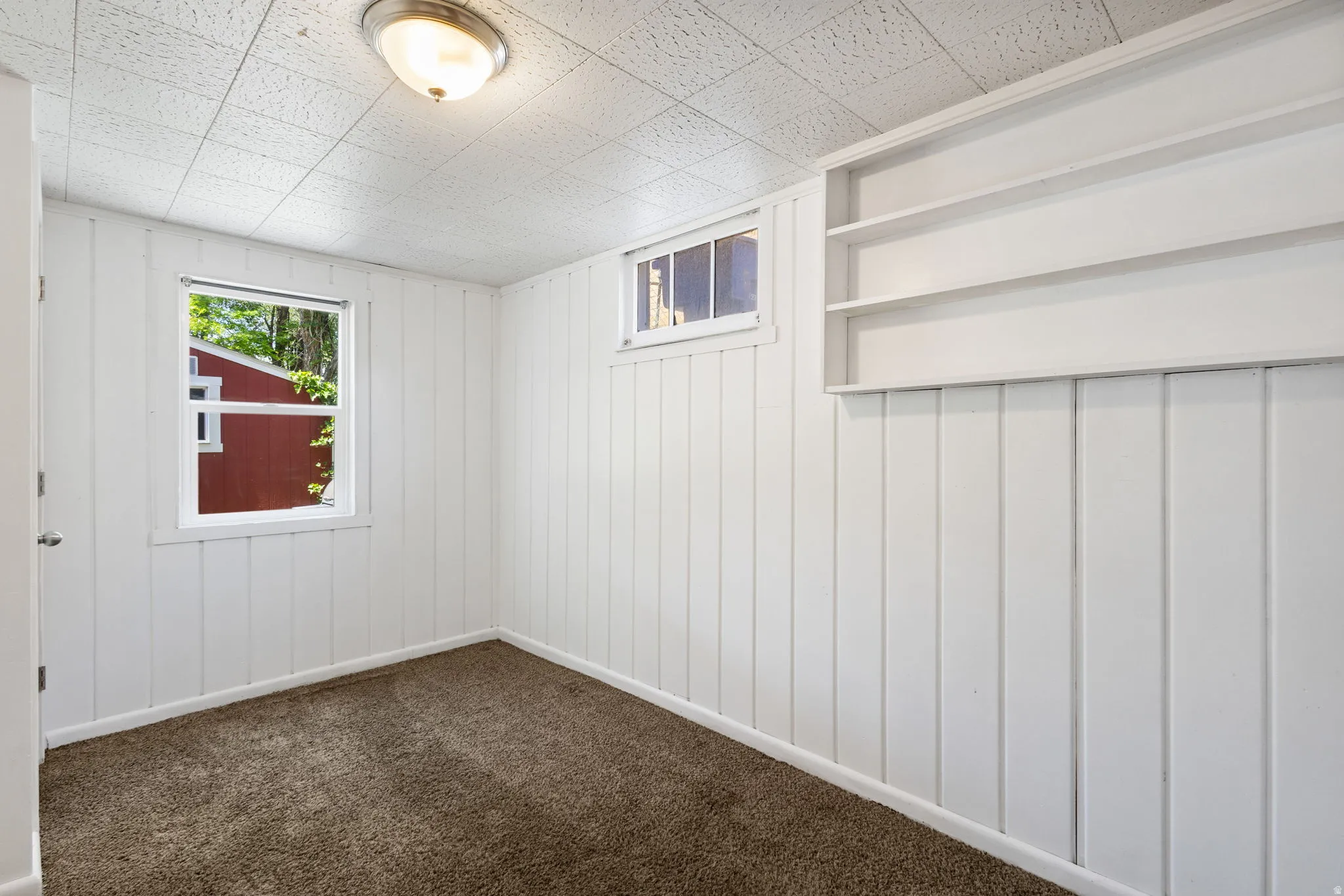 Room featuring white vertical paneling, recessed window, upper horizontal window, brown carpet, ceiling light fixture, and built-in shelving