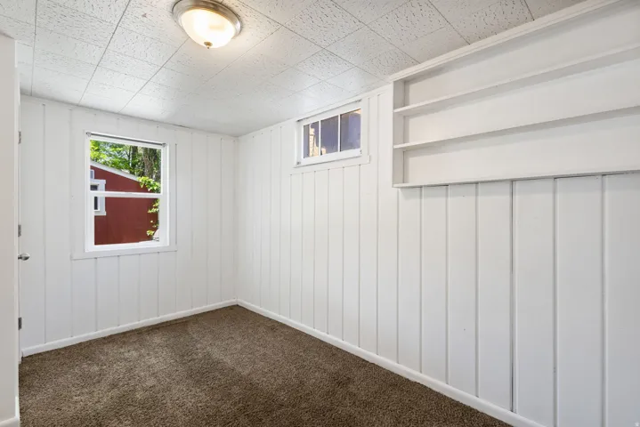 Room featuring white vertical paneling, recessed window, upper horizontal window, brown carpet, ceiling light fixture, and built-in shelving