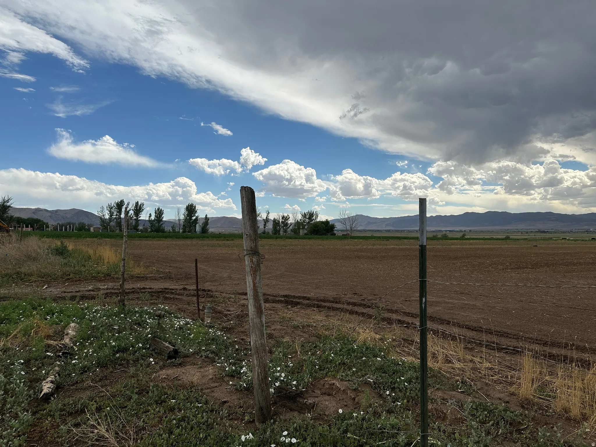 Expansive land parcel featuring tilled earth and distant mountain range