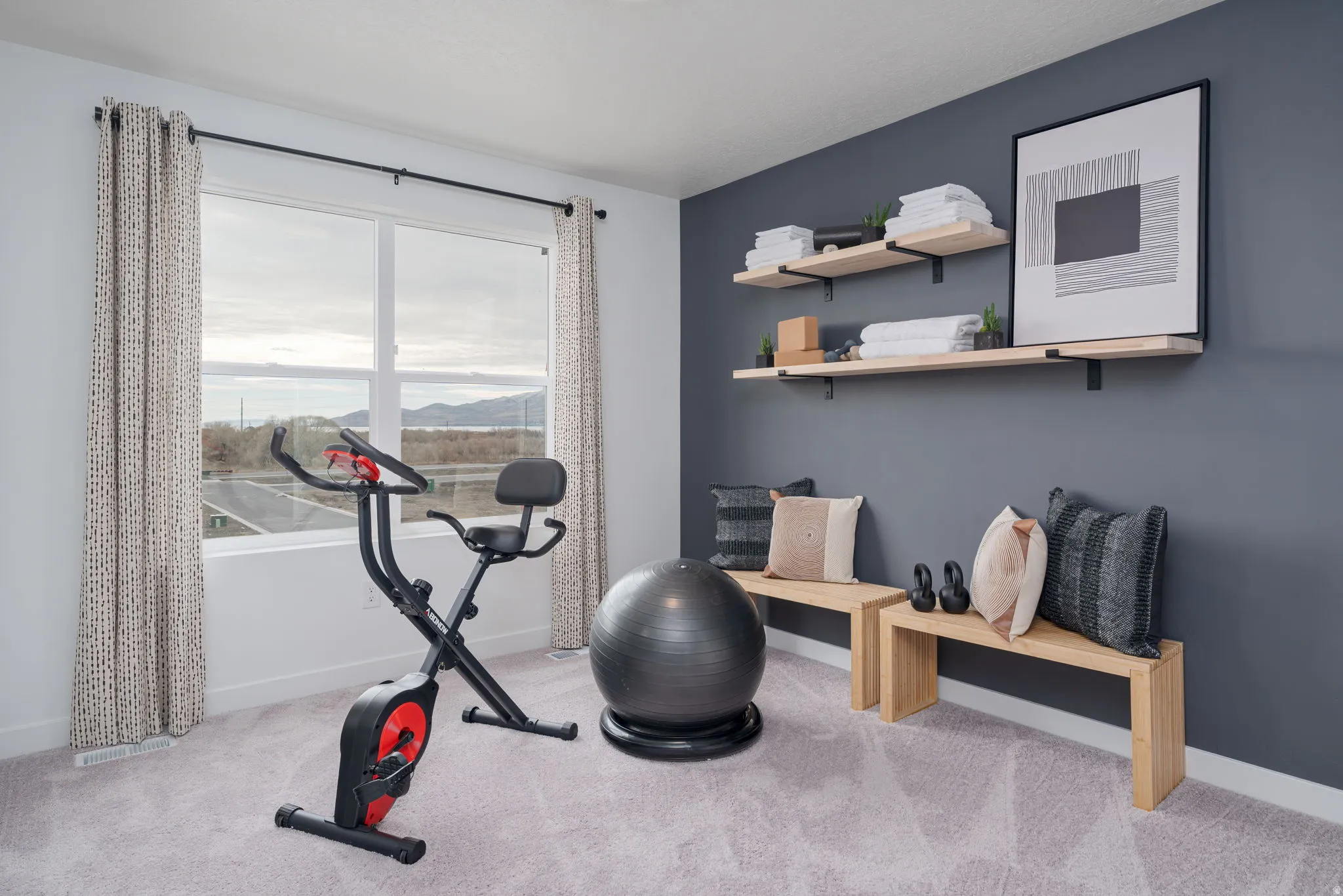 Spacious room featuring light gray carpeting, a large picture window, and a dark accent wall with two floating wood shelves