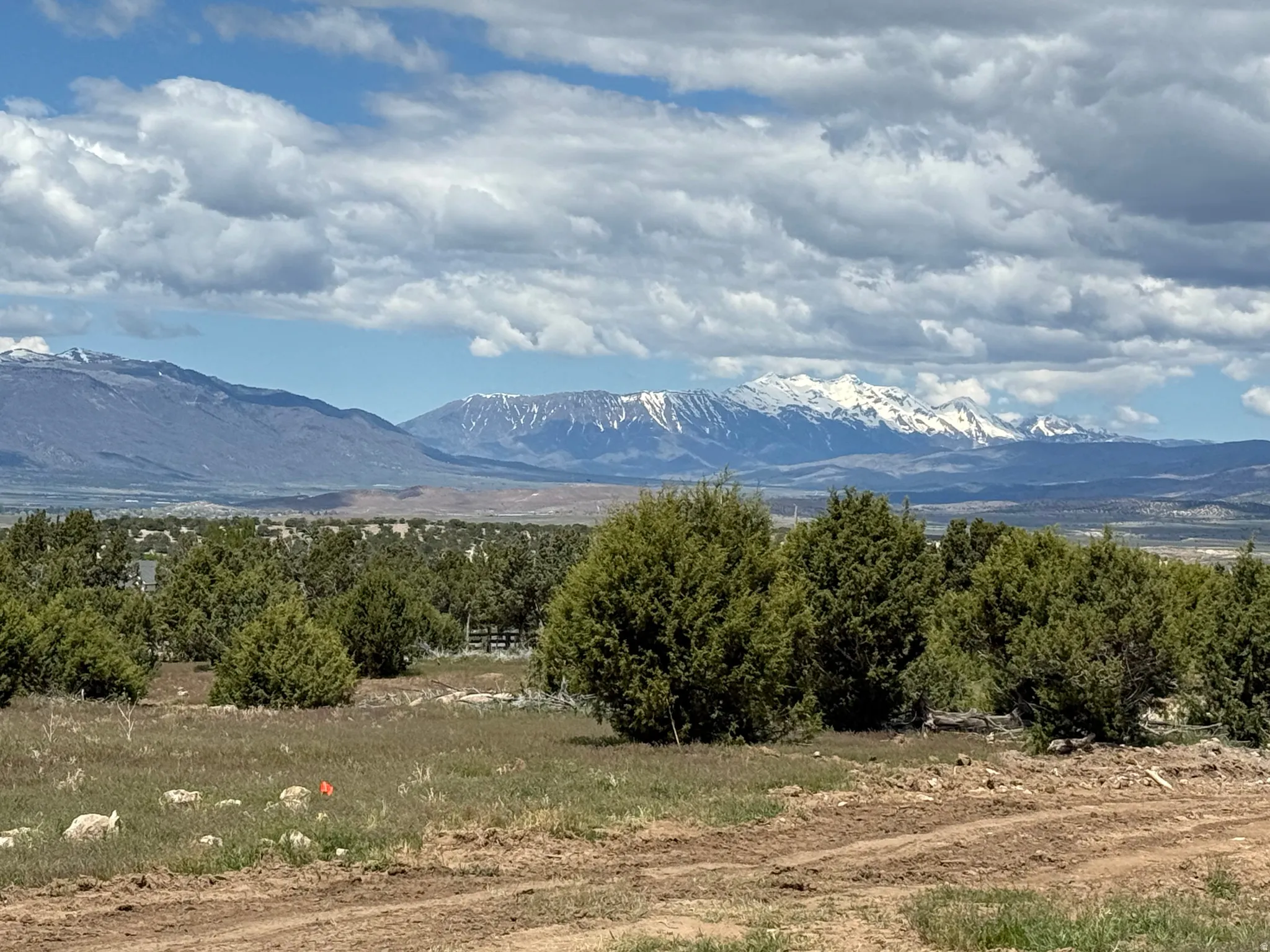 Expansive land parcel featuring natural shrubbery and distant snow-capped mountain scenery