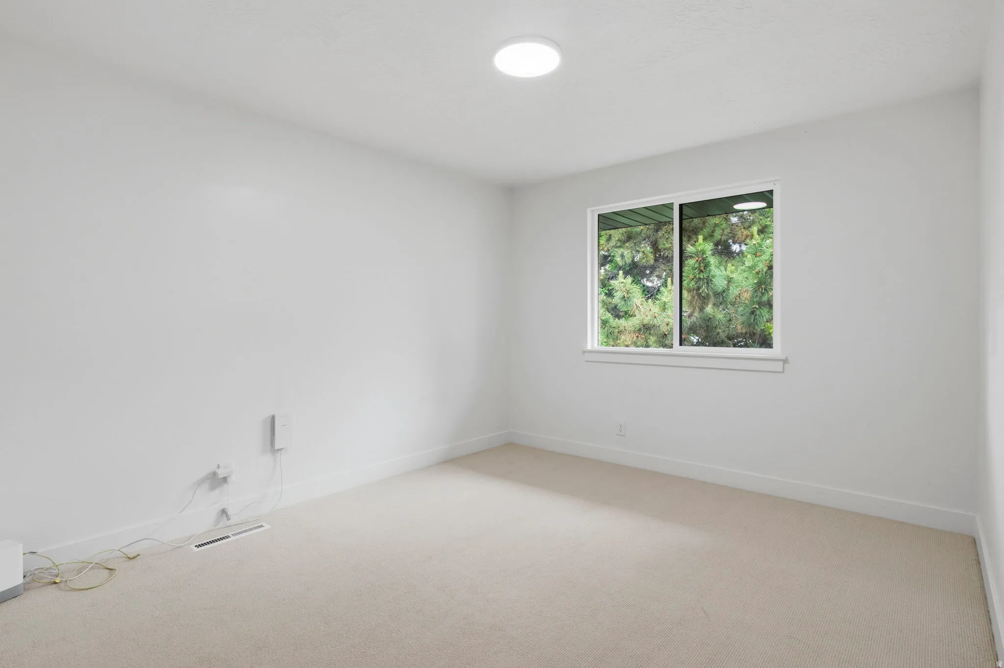 Neutral-toned carpeting extends throughout this room, featuring a white window frame with a multi-pane window