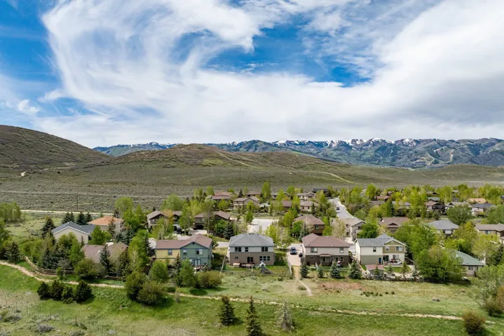 Residential community featuring varied architectural styles, established trees, and paved streets, set against a backdrop of rolling hills and distant snow-capped mountains