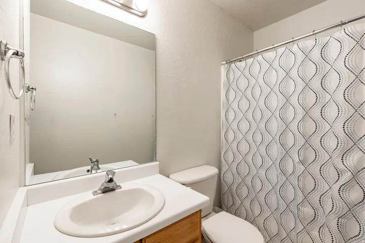Bathroom featuring a vanity with an integrated sink, a large wall-mounted mirror, and a full-size toilet