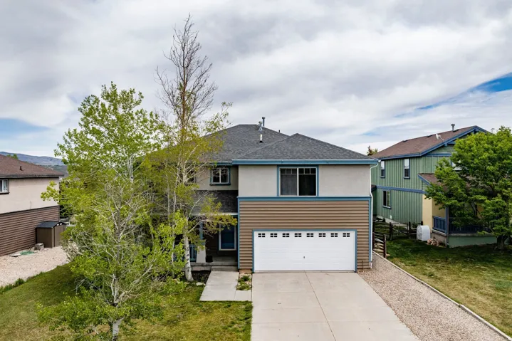 Two-story residence featuring a two-car garage with white panel door, a concrete driveway, and a concrete walkway