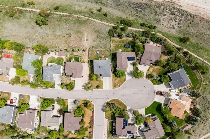 Cul-de-sac community featuring varied rooflines, mature landscaping, paved driveways, and expansive backyards