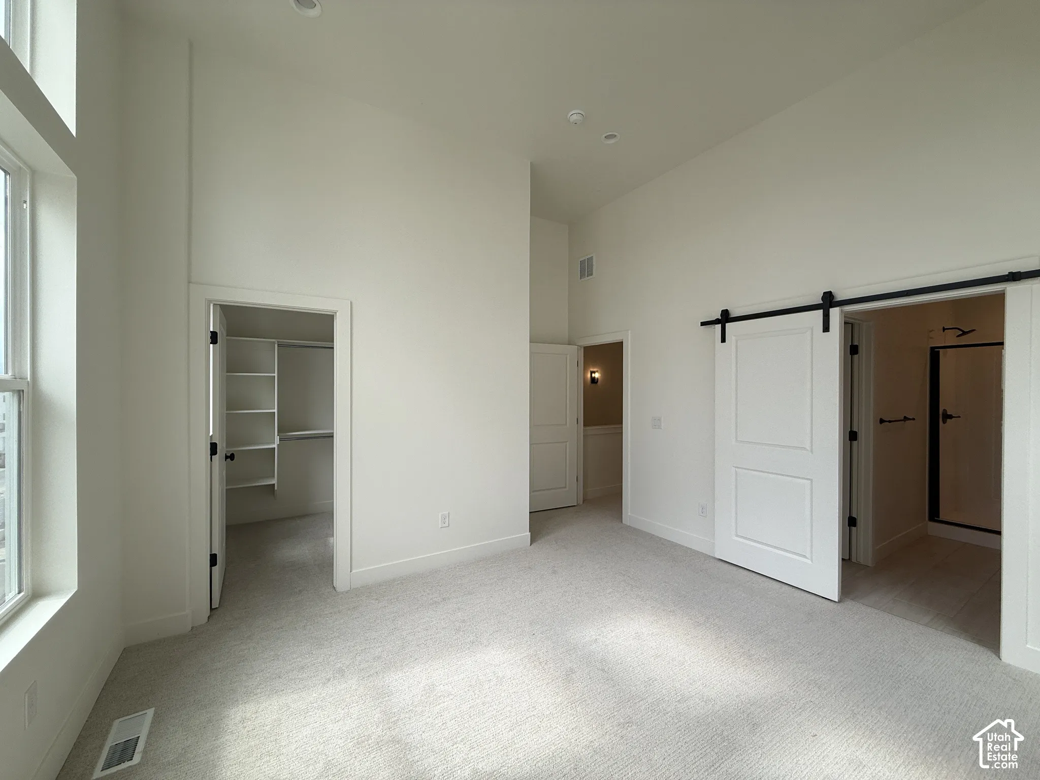 Neutral carpeting, vaulted ceiling, built-in closet shelving, and a sliding barn door