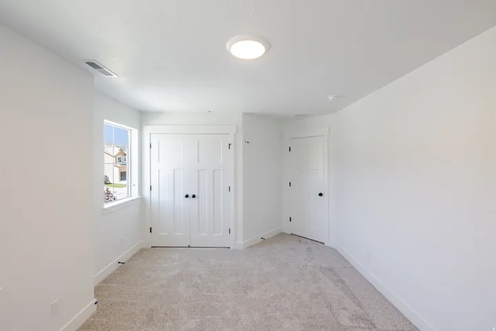 Neutral wall color palette with carpet flooring, complemented by a window and two paneled doors with dark hardware