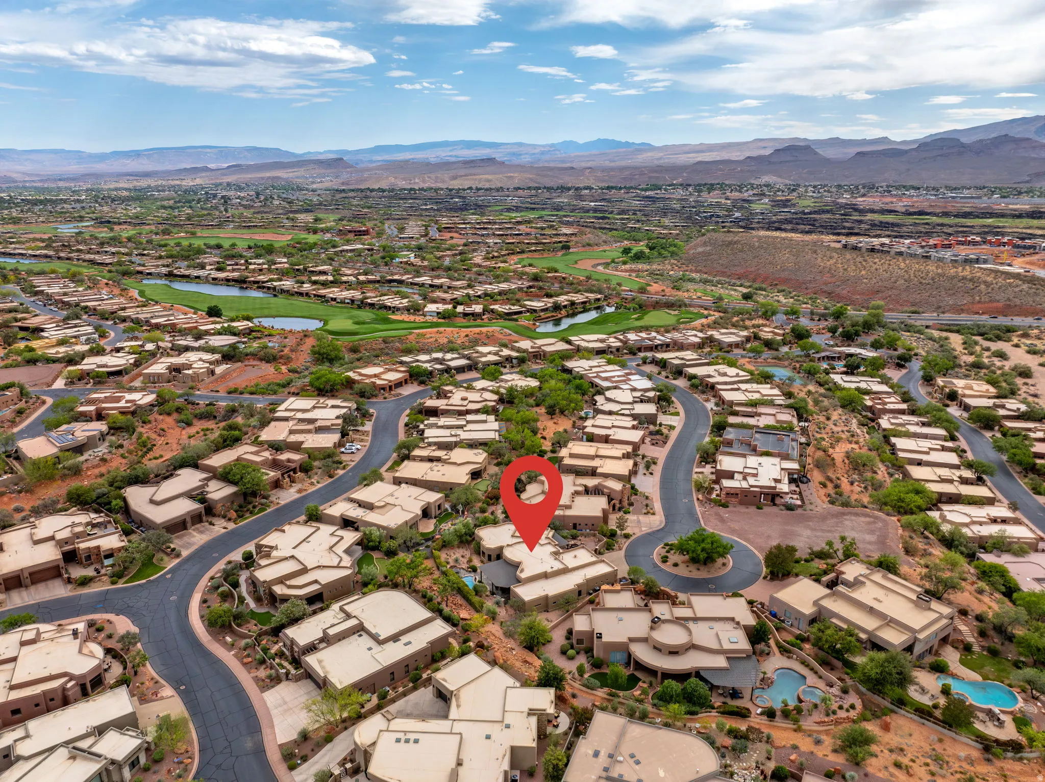 Aerial perspective showcasing a residential community with winding streets