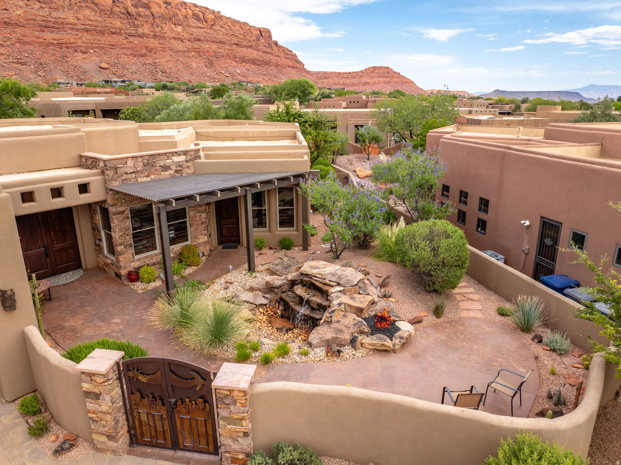 Southwestern-style exterior with stucco and stone masonry accents