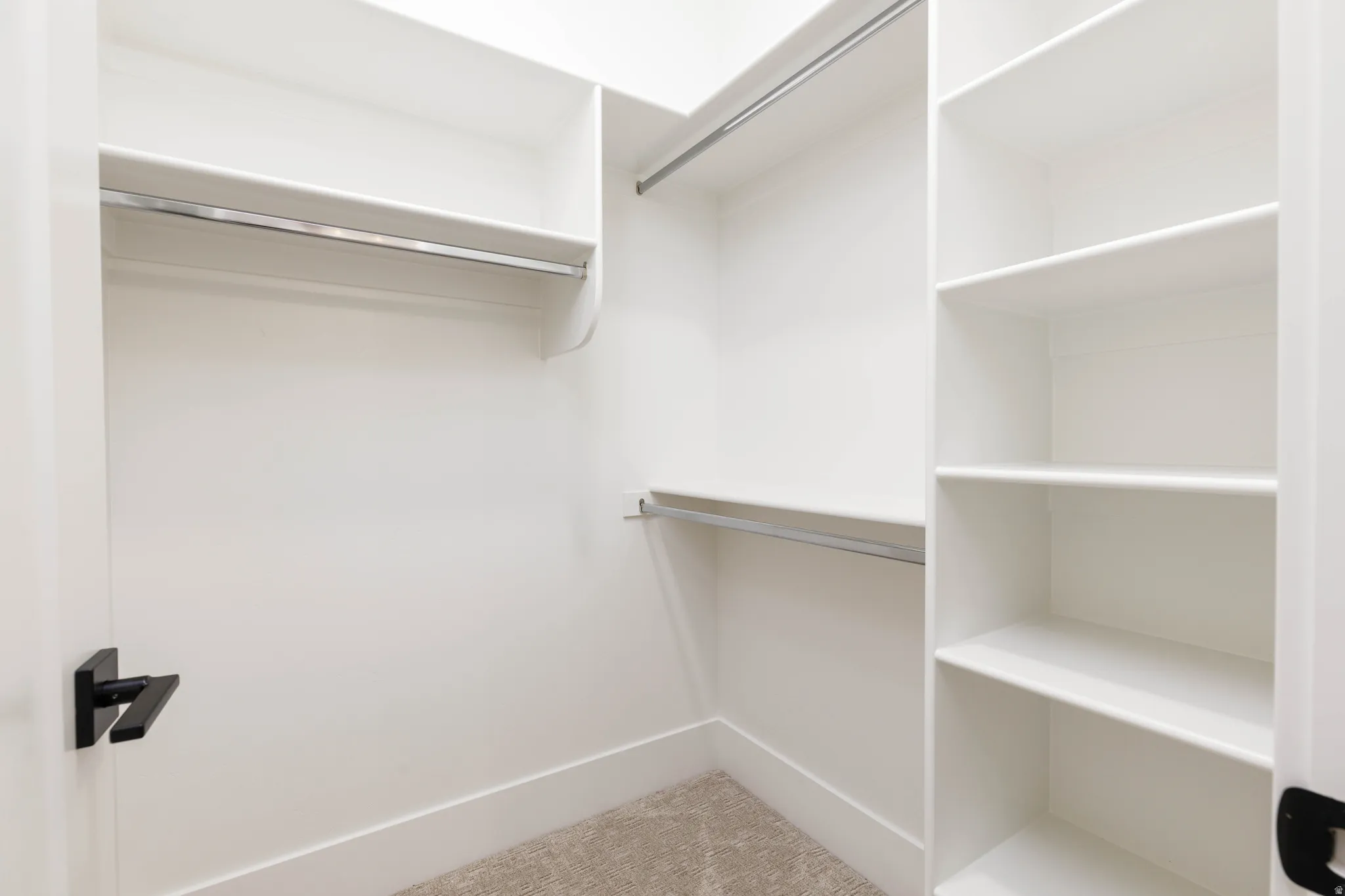 Walk-in closet featuring built-in shelving, chrome hanging rods, white trim, and light-toned carpet flooring