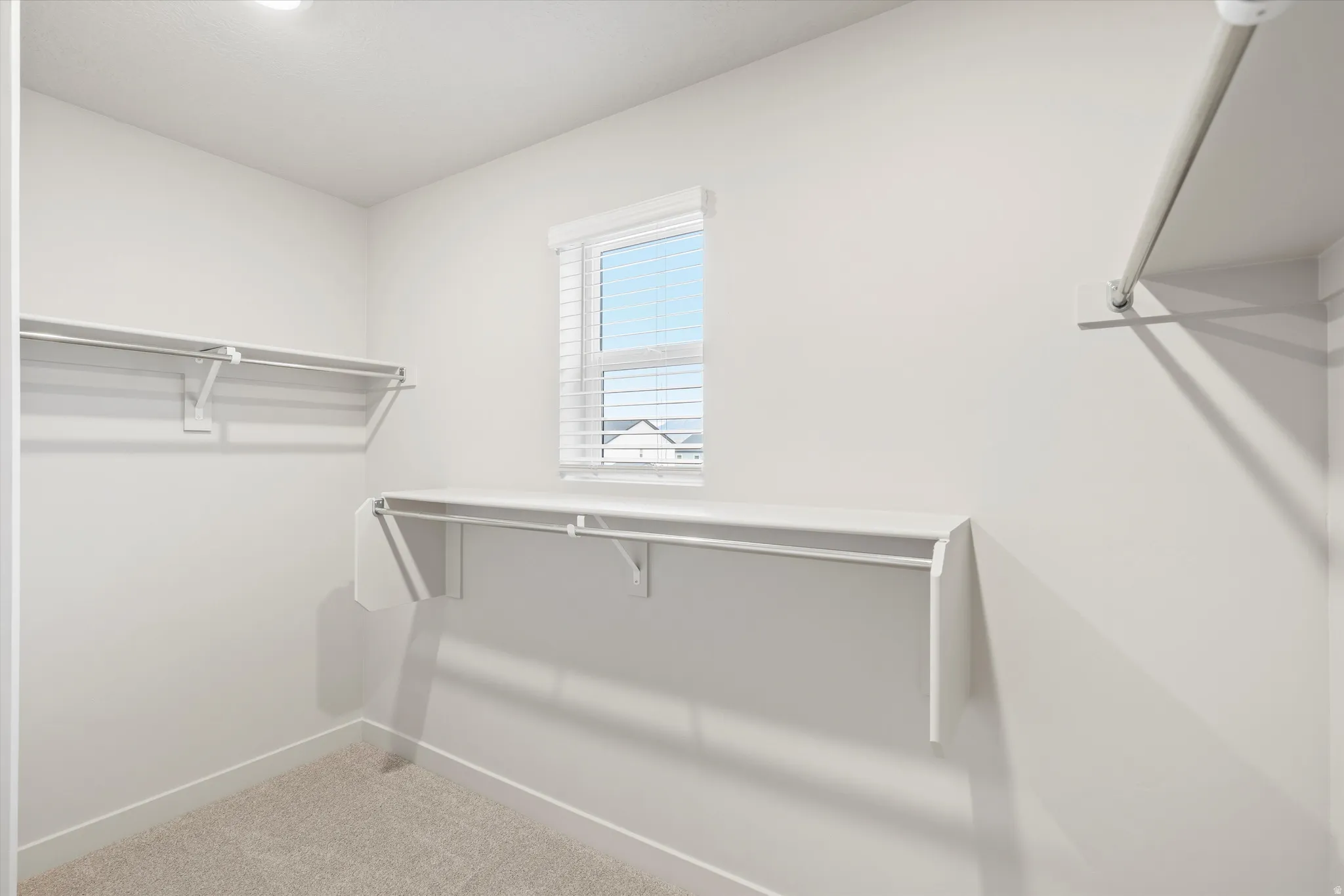 Walk-in closet with carpet flooring, built-in shelving, hanging rods, an integrated window, and recessed ceiling lighting