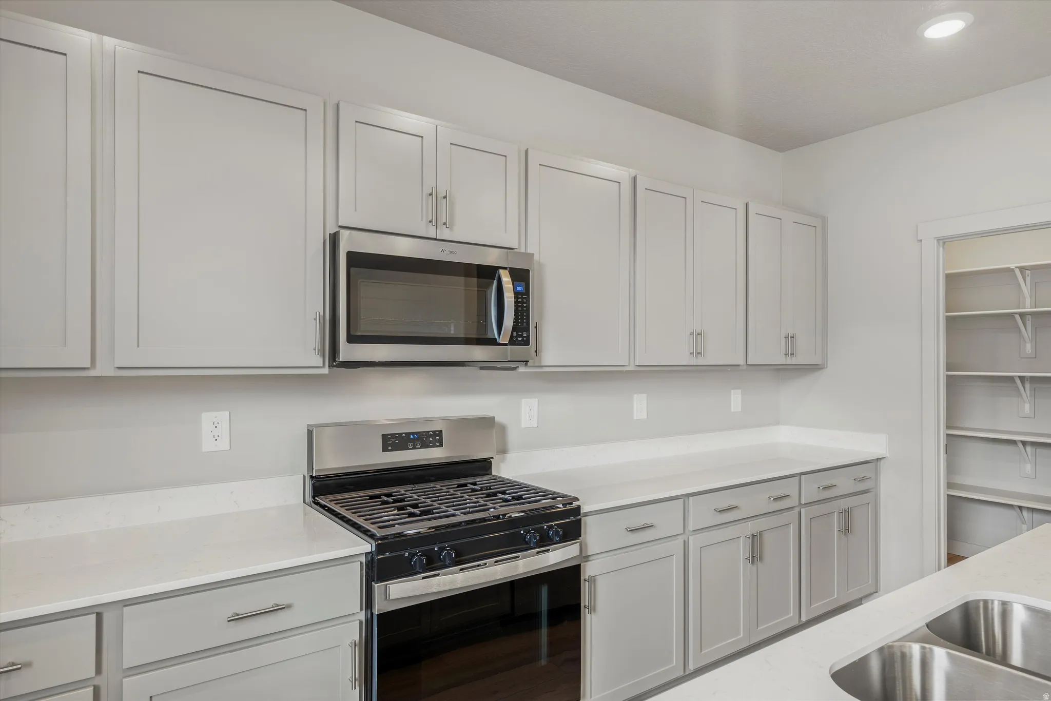 Modern kitchen featuring light gray cabinetry, stainless steel appliances, white countertops, and a full pantry