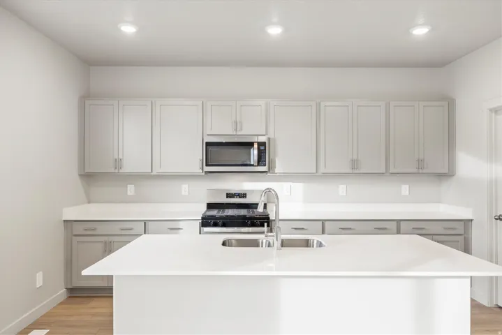 Kitchen featuring a central island with an undermount sink and gooseneck faucet
