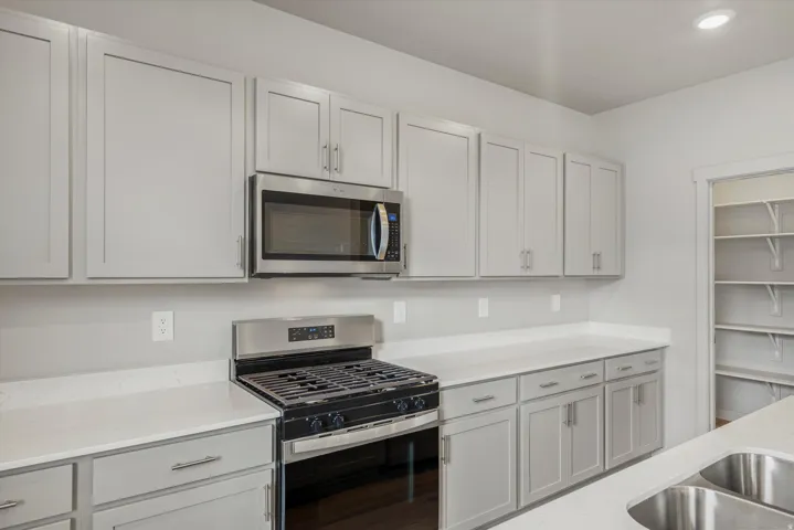 Modern kitchen featuring light gray cabinetry, stainless steel appliances, white countertops, and a full pantry