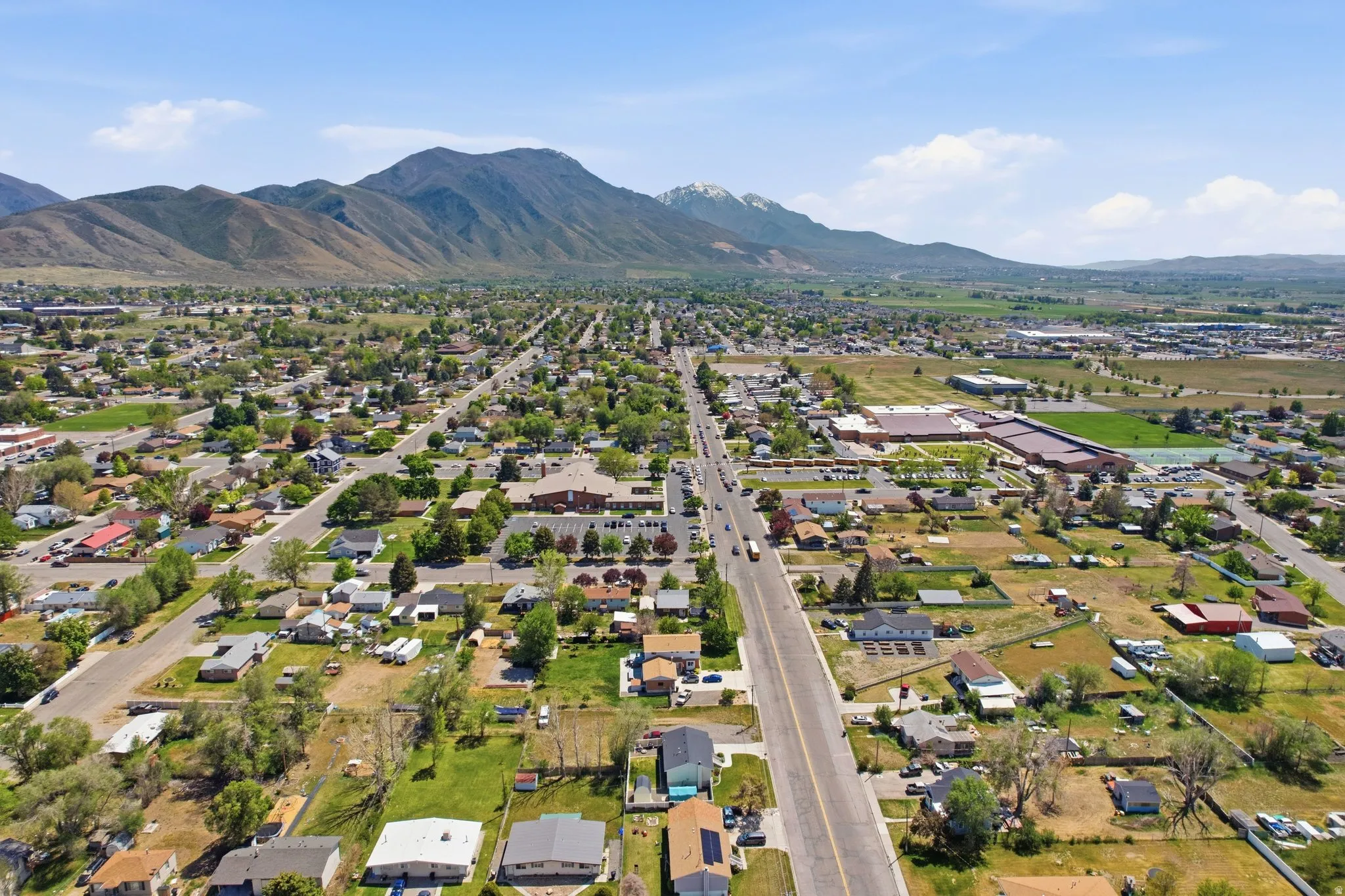 Expansive aerial view of a residential area with varied housing styles, established tree canopy, and mountain backdrop