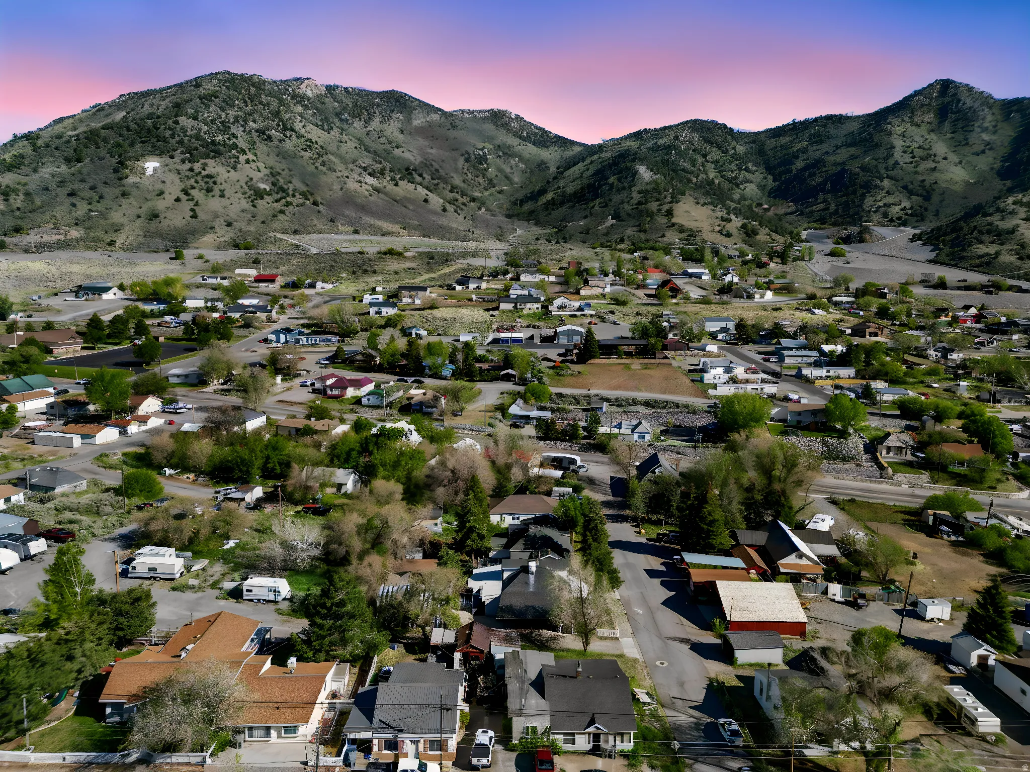 Aerial perspective showcasing a residential area with varied housing styles