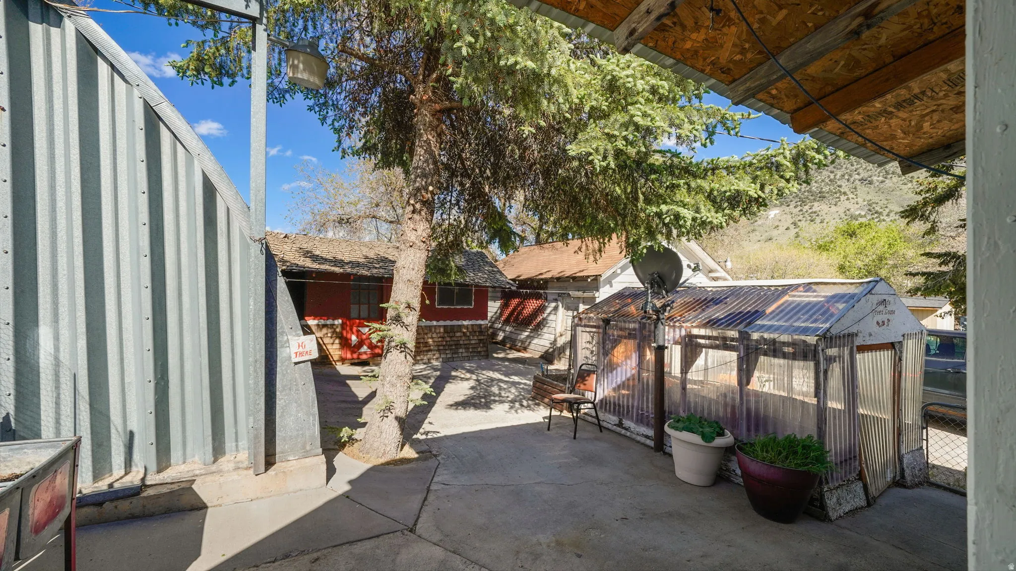 Outdoor concrete patio area featuring a corrugated metal fence, a mature evergreen tree, and a built greenhouse structure with a clear corrugated roof