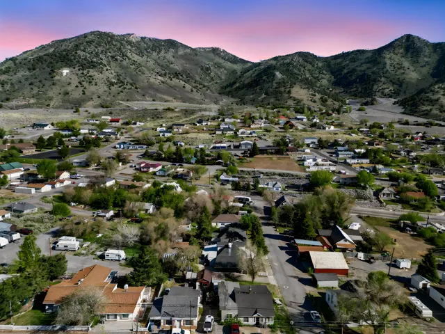 Aerial perspective showcasing a residential area with varied housing styles