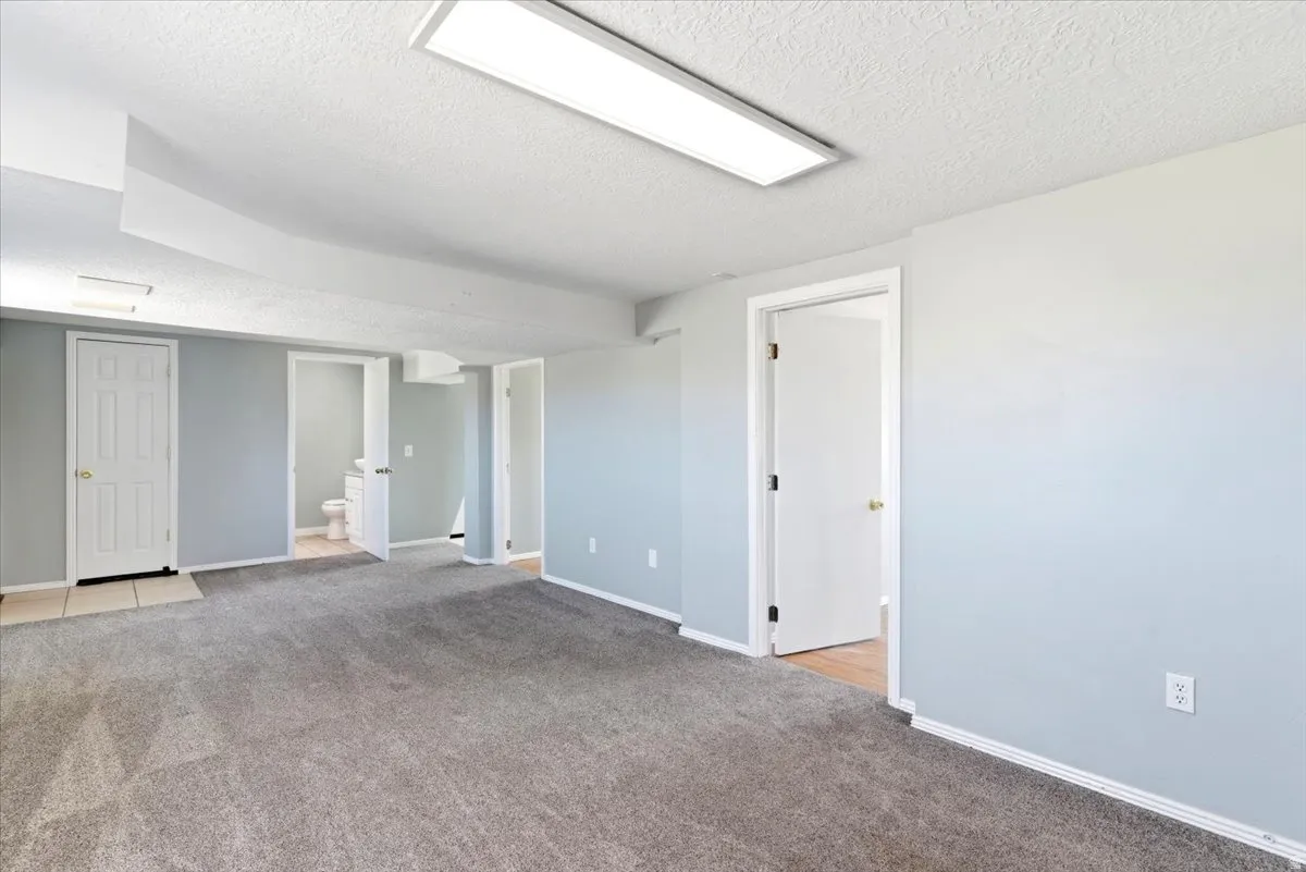 Spacious room featuring light blue walls and neutral gray carpeting