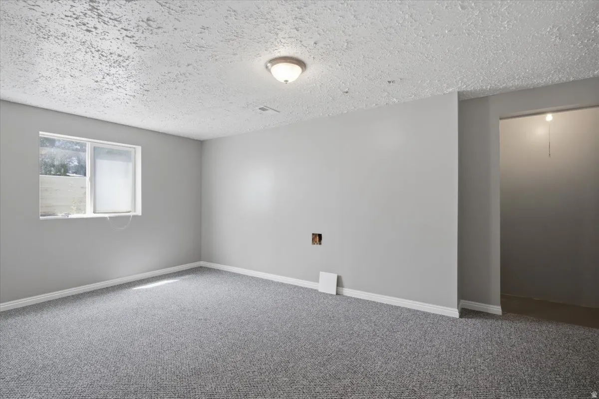 Light gray walls with white baseboards, gray carpet flooring, and a single-pane window
