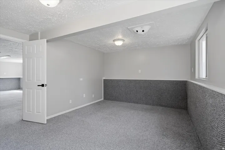 Neutral gray wall paint with white trim, gray carpeting, recessed ceiling lighting, and a window for natural light