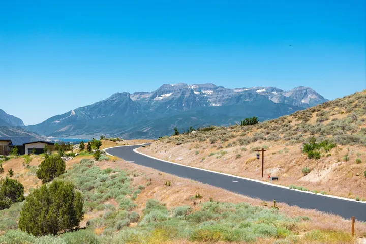 Paved roadway winding through natural landscaping with distant mountains and body of water