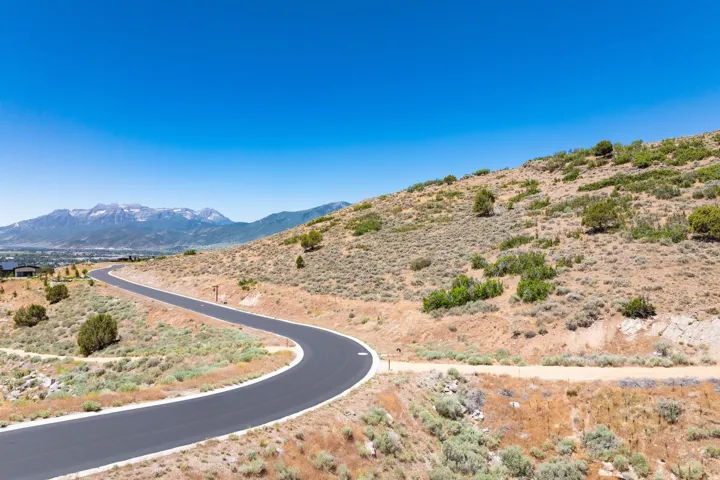 Paved road winding through a sloped, natural landscape with distant mountains